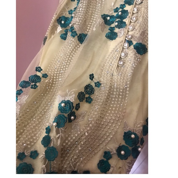 3 pc Pakistani India Tan Aqua Chiffon Bead Outfit - Picture 4 of 7